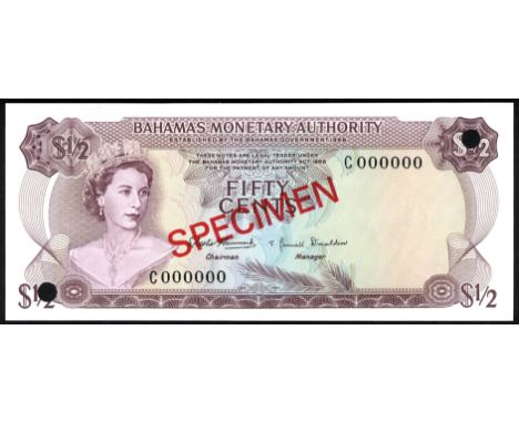 Bahamas P 26s Linzmayer B201as1 Bahamas Monetary Authority ½ Dollar L.1968 SPECIMEN. Portrait of Queen Elizabeth II at left o