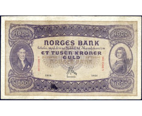 Norway P 12a Sæthre 72A Norges Bank1000 Kroner1916 SPECIMEN. Portrait of President Christie at left portrait of Admiral Torde