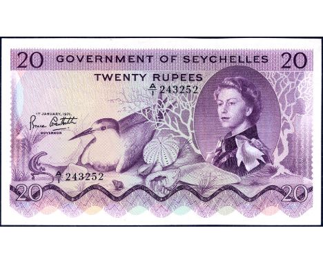 Seychelles P 16b Linzmayer B123b  Government of Seychelles 20 Rupees 1 January 1971. Sooty Tern bird at center portrait of Qu