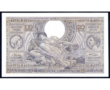 Belgium NBBB-60 P 112 Banque Nationale de Belgique 100 Francs - 20 Belgas 26 May 1943. Portrait of Queen Elisabeth at left al