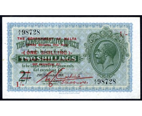 Malta P 15 Linzmayer B114b The Government of Malta 1 Shilling on 2 Shillings (1940 - old date 20.11.1918). Portrait of King G
