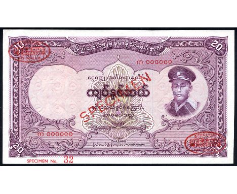 Burma P 49s Linzmayer B812as Union Bank of Burma 20 Kyats-1958 SPECIMEN. Portrait of General Aung San at right on front. Sign