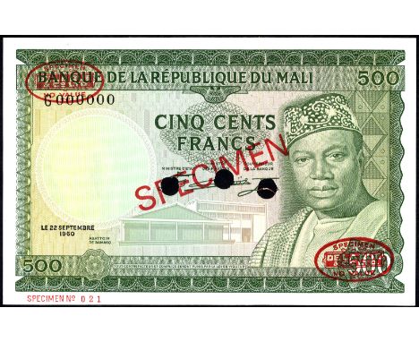Mali P 8s Linzmayer B108as1 Banque de la République du Mali 500 Francs 22 September 1960 SPECIMEN. Abattoir (slaughterhouse) 