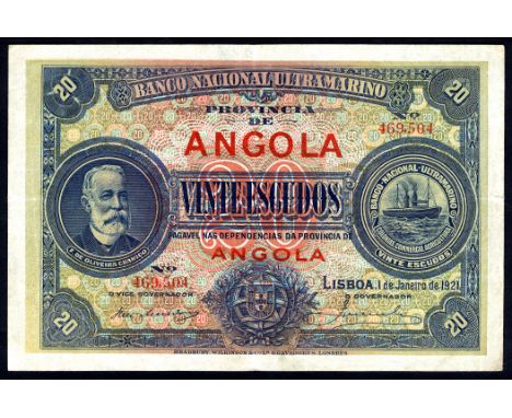 Angola P 59 Banco Nacional Ultramarino 20 Escudos 1 January 1921. Portrait Francisco de Oliveira Chamico at left on front. Se