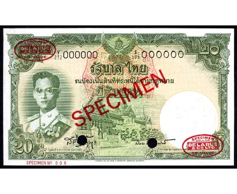 Thailand P 77ds Government of Thailand 20 Baht-1953 SPECIMEN. Portrait of King Rama IX at left building at center on front. S