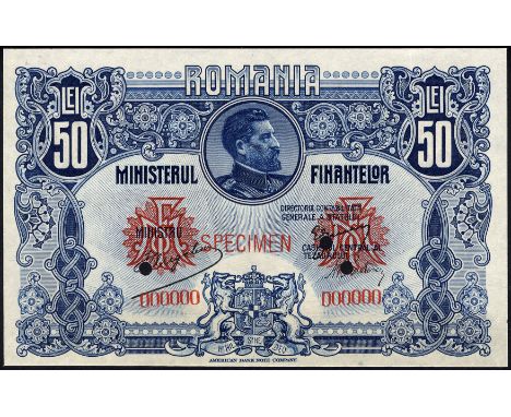 Romania P 73s Ministerul Finantelor - Ministry of Finance 50 Lei ND (ca.1920) SPECIMEN. Portrait of King Ferdinand I over cro