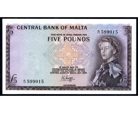 Malta P 30a Linzmayer B203a Central Bank of Malta 5 Pounds L.1967 (1968). George Cross at center portrait of Queen Elizabeth 