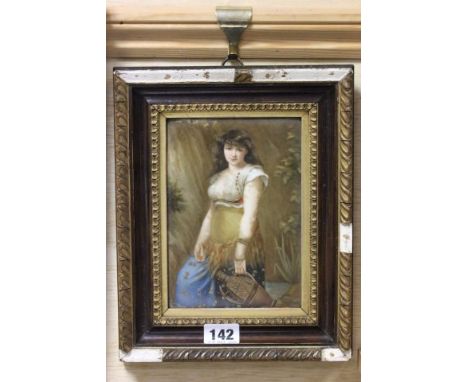 Framed Hand Painted Ceramic Plaque of a Young Girl carrying a ewer