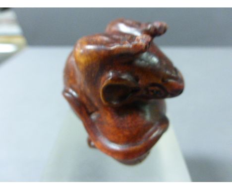Signed Wood Netsuke of a Greedy Mouse