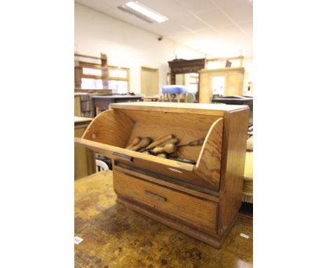 Oak Engineers Cabinet with a Collection of Old Tools