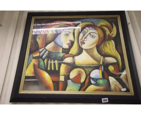 Modernist Oil Painting Portrait of Masked Ball Figures, signed
