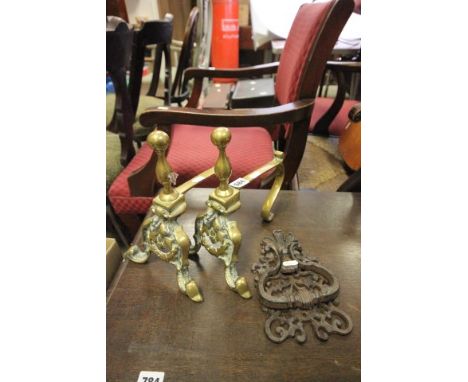 Pair of Brass Andirons and Ornate Door Knocker