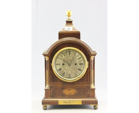 Late Victorian / Early Edwardian English Inlaid Mahogany Bracket Clock, domed top with silvered dial and twin fusee movement
