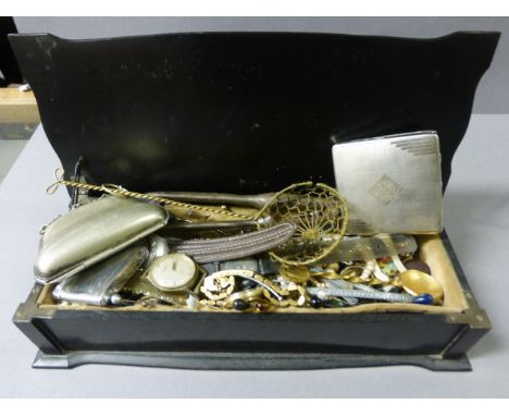 Black Box containing Old Buttons, Hat Pins, Cufflinks, Watches, Cigarette Case, Lighter, Nut Crackers, etc