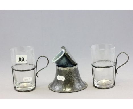 Arts and Crafts Pewter Inkwell with ceramic liner designed by Hugh Wallace together with a Pair of William Hutton Glass with 