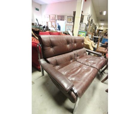 Retro Pieff Two Seater Brown Leather and Tubular Chrome Sofa