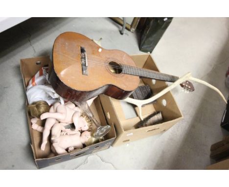 Gilt Framed Mirror, Lauten Guitar, Two Old Wodden Printing Blocks, Dolls and an Antler plus Silver Plated Four Piece Tea Serv