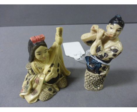 Two Netsuke including a Lady with Flute and a Lady with Harp