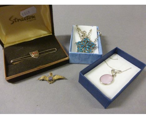 Gilt Metal & Enamel RAF Sweetheart Wings Brooch, Cased Stratton Tie Pin with Crown together with Two Necklaces with Pendants