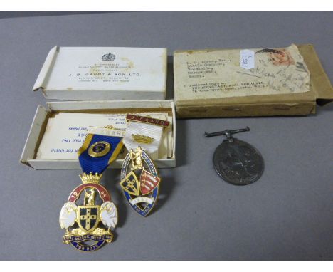 Two Gilt and Enamel Steward Masonic Medals and Ribbons, one for boys 1964 and the other for girls plus Masonic Sash plus Worl