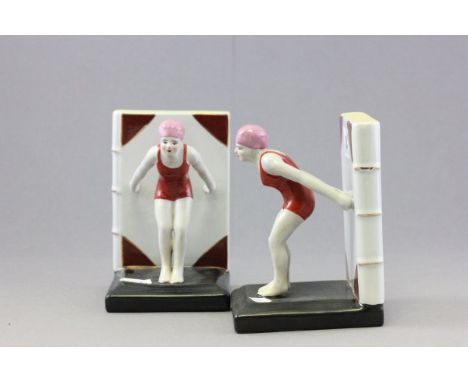 Pair of Art Deco Style Ceramic Bookends in the form of Ladies Diving