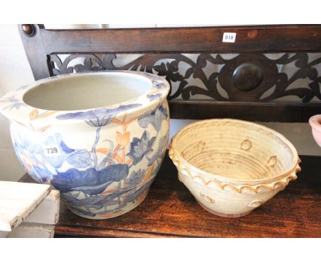 Large Ceramic Glazed Fish Bowl decorated with Herons and Lilys and another Ceramic Bowl