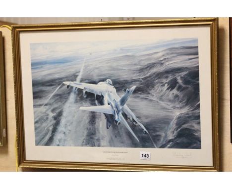 Framed & glazed Robert Taylor Air Strike Over West Falkland print signed by Commander Sharkey Ward