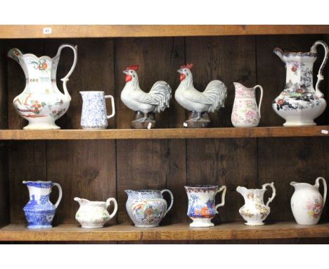 Large Victorian Mason's Jug, another Large Victorian Jug, Pair of Ceramic Cockerel an 8 Other Jugs