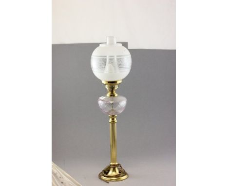 Oil Lamp with Brass Column Base, Glass Well and Shade (converted to electric) 