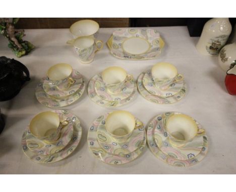 Shelley Tea Service, pastel pink and yellow design, comprising 6 Cups, Saucers and Teaplates plus Sandwich Plate, Milk and Su