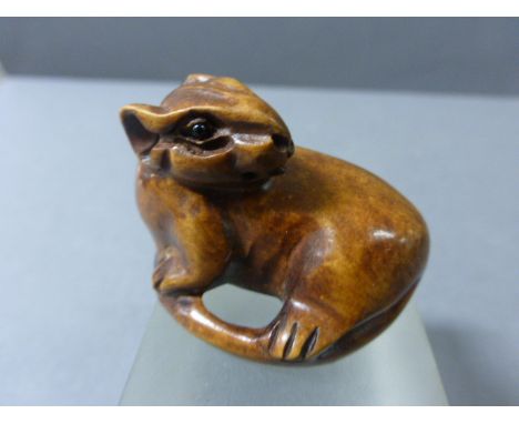 Signed wood Netsuke of a Mouse