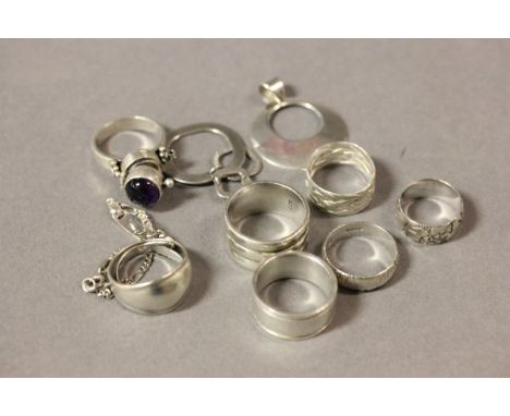 Group of Silver Items including 7 Rings, Poison Ring set with Amethyst, Baby Bracelet and Two Pendants