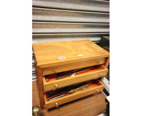 Pine Tool Cabinet with various wood working tools, Boxwood Handled Chisels including Addis Marples, etc