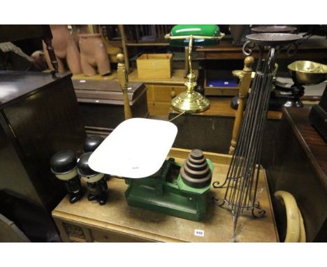 Set of Green Enamelled 'C. W. Brecknell' Scales and Weights