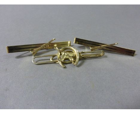 Stratton Horse and Rider jumping through horse shoe tie clip plus two other Stratton Hunting Horn Tie Clips