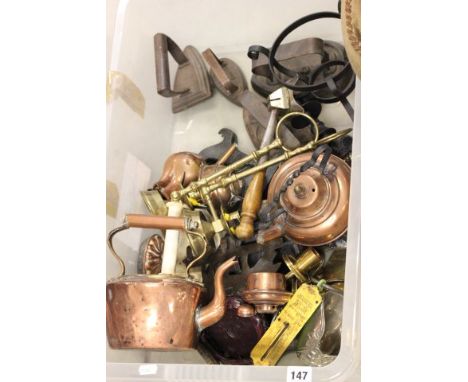 Box of Copper Kettles, Flat Irons, Slater Scales and other Metalware