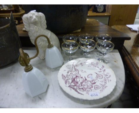 Six Babycham Glasses, Staffordshire Mantle Dog, Wedgwood Plate and a Brass Two Branch Wall Light with White Glass Shades