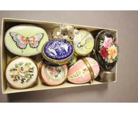 Five Bilston Halcyon Days Enamel Trinket Boxes plus Three Others, Small Clock, Crystal Teddy