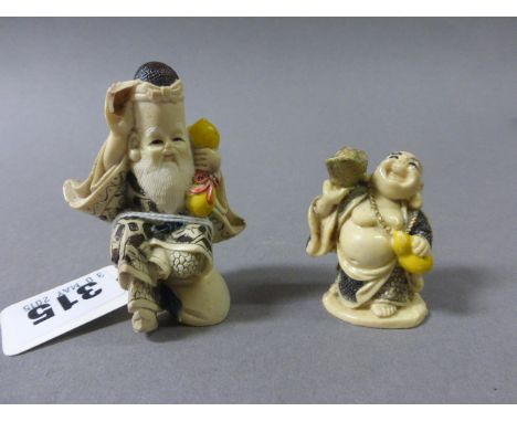 Two Netsuke including Happy Buddha & God sat on Rock