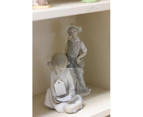 Lladro Figure of a Boy with Fishing Equipment and a Spanish Figure of Girl with Doll