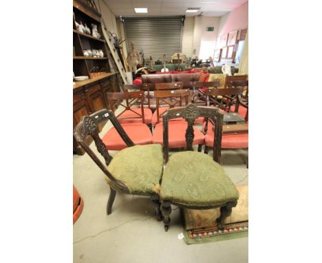 Pair of 19th century Mahogany Green Upholstered Chairs plus  Small Padded Stool, Tray and Firescreen