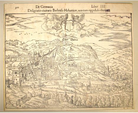 BADEN, an early woodcut view from "De Germania", laid onto card 11.5 x 14 inches (1).