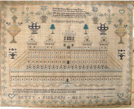 SAMPLER, embroidered by Betty Field,1833, showing Solomon's Temple, Jerusalem, Palestine.  47 x 58 cm, on original wooden str