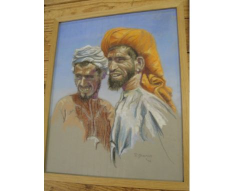 OMAN, pastel portrait of two Omani men at Rustaq, 1976, framed.