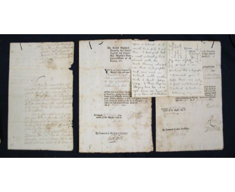 QUEEN ANNE'S NAVY / PRINCE GEORGE OF DENMARK. 3 documents i) part printed commission, filled out in ms., in favour of Jemmet 