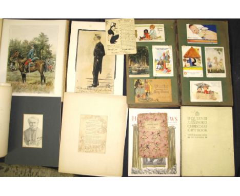 misc. Vanity Fair prints (judges), original artwork, postcards (glued to album pages), amateur portrait of Lloyd George (sign