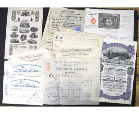 A collection of scripophily, share certificates, insurance documents, etc. (Q).
