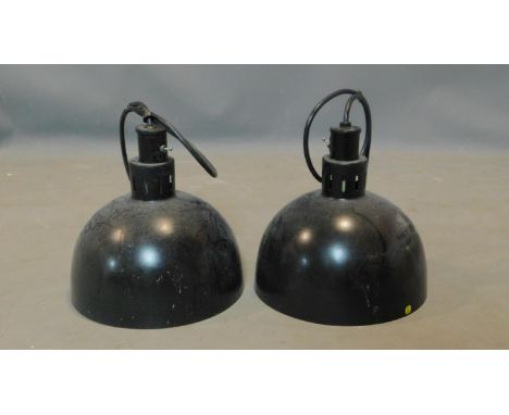 A pair of black metal 'Hatco' corporation ceiling light pendants, H.29 D.28cm 