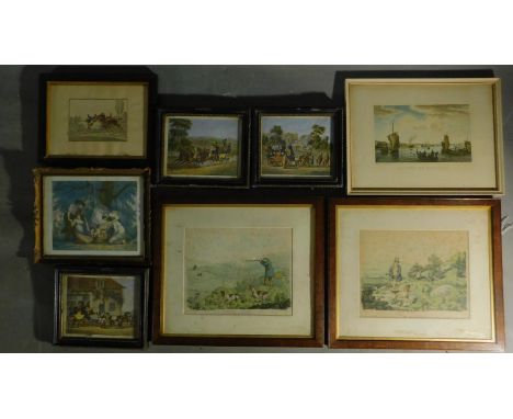 A pair of oak framed hunting prints and a miscellaneous collection of 6 others. 40x36cm 