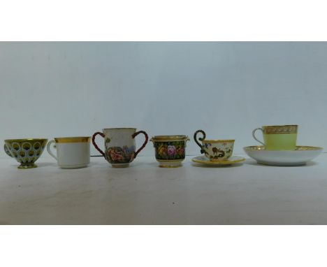 A miscellaneous collection of porcelain cups, some with saucers, mostly 19th century continental (6) 
